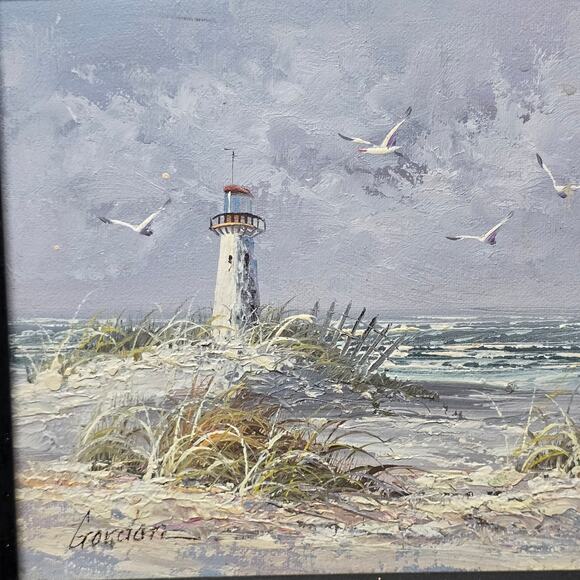 Original Oil Painting Beach Lighthouse Signed Gordon 8' x 10' Wooden Art - Picture 2 of 12